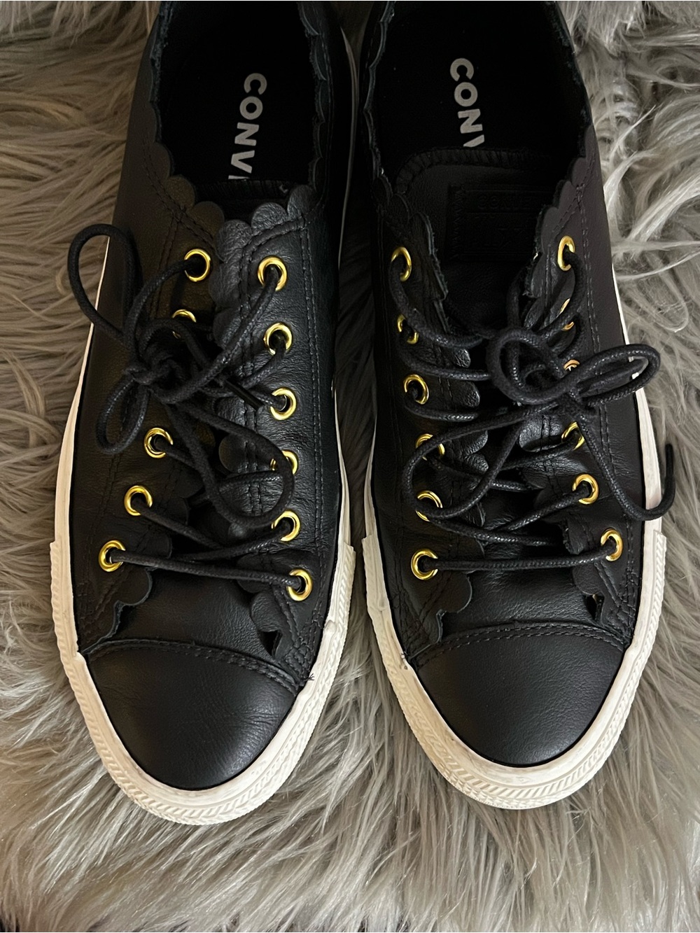 Converse Black Leather Low-Top Sneakers with Gold Eyelets and White Sole